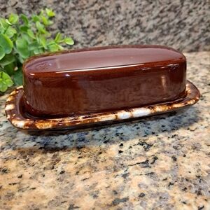 Vintage Macoy Brown Drip Glazed Pottery 2pc Covered Butter Dish